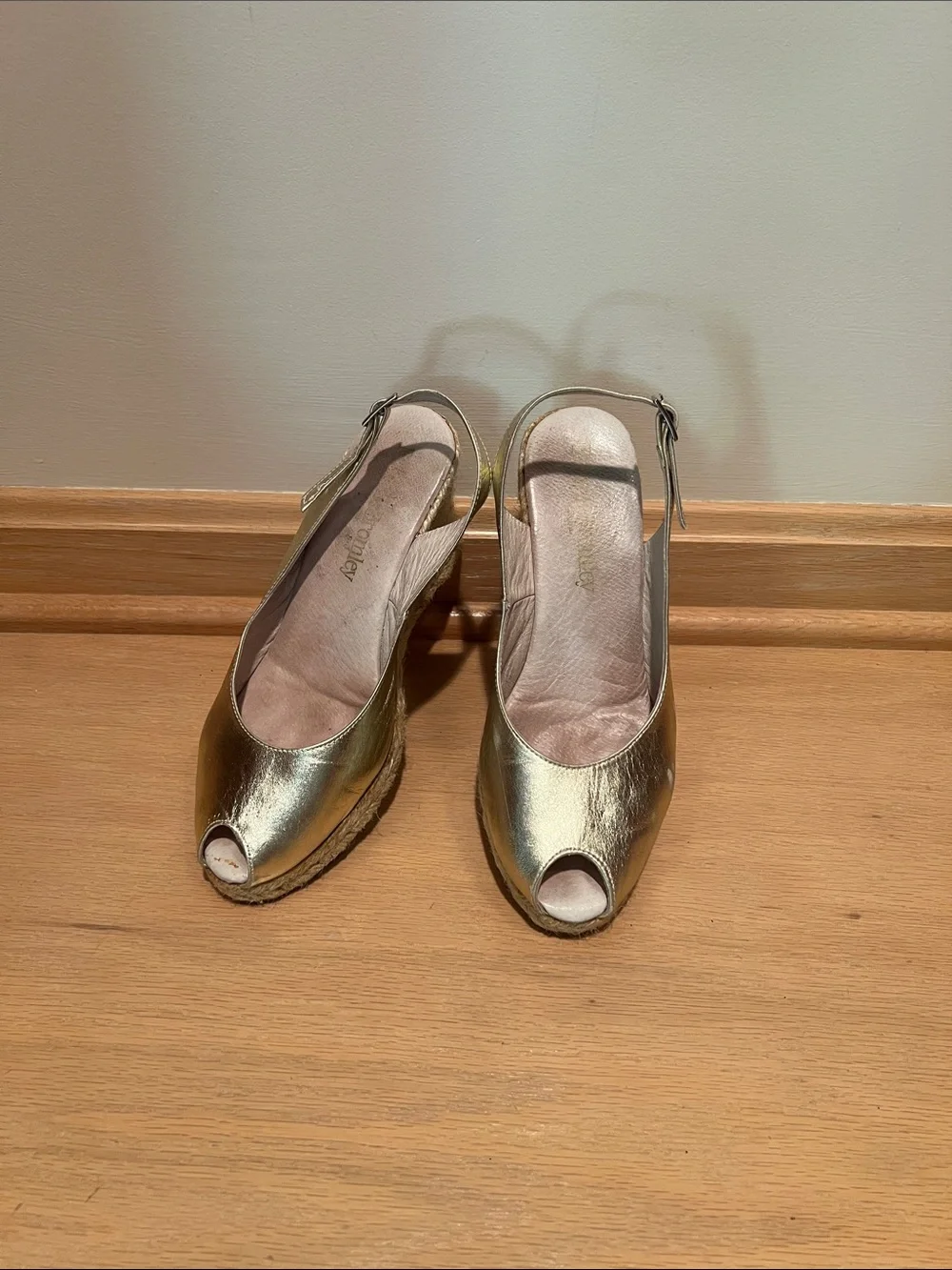 Metallic Gold Peep-Toe Slingback Wedge Sandals
